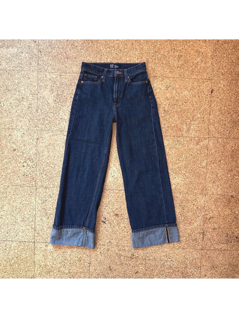 Gap Factory Women's 0 25R High Rise Wide Leg Dark Wash Jeans Folded Cuffs 820042